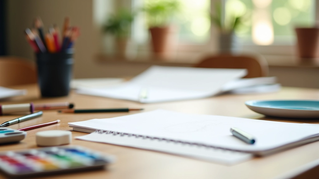 Array of art supplies including watercolor paints, brushes of different sizes, pencils, erasers, and sketch pad arranged on wooden table