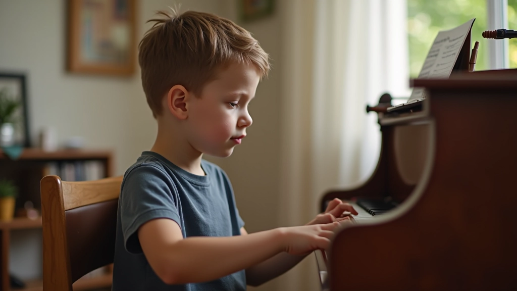 Child practicing music instrument at home in dedicated practice space with proper lighting