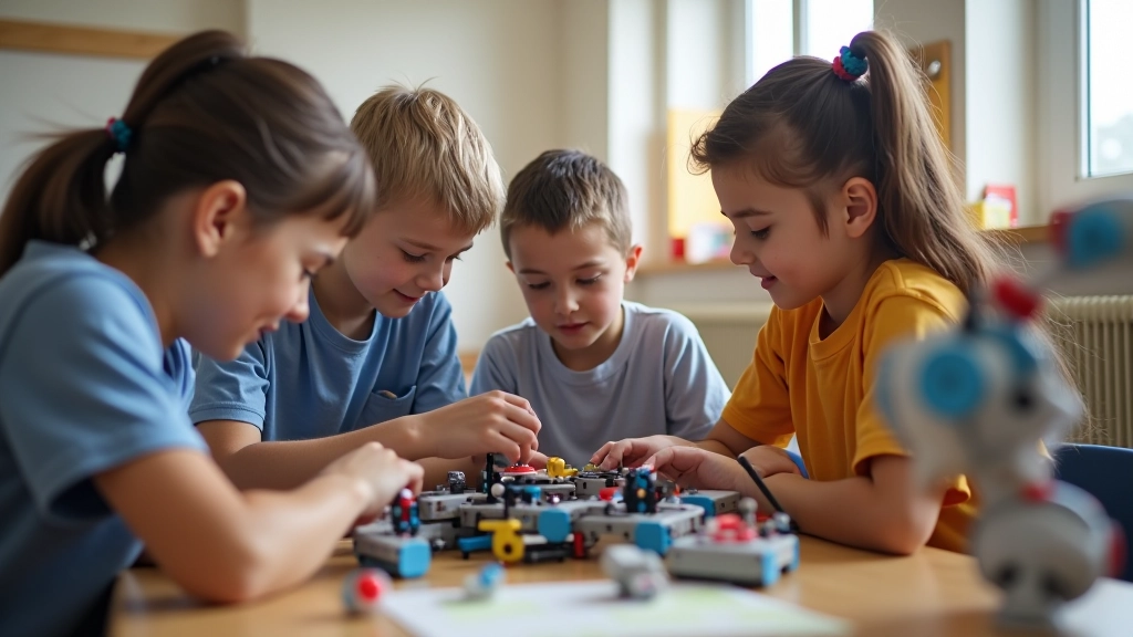 Group of diverse children aged 10-14 working together around a table with robotics equipment and build instructions