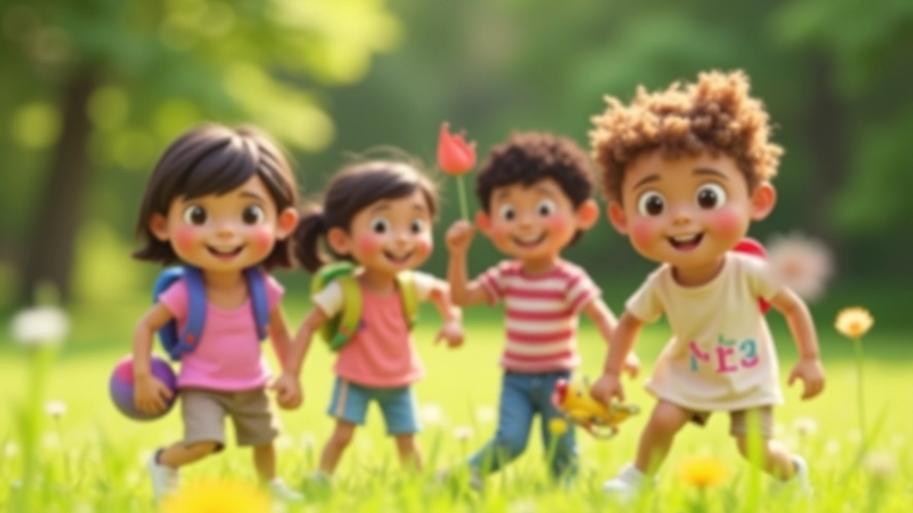 Diverse group of children of different ages engaged in various summer camp activities including art, music, and outdoor games