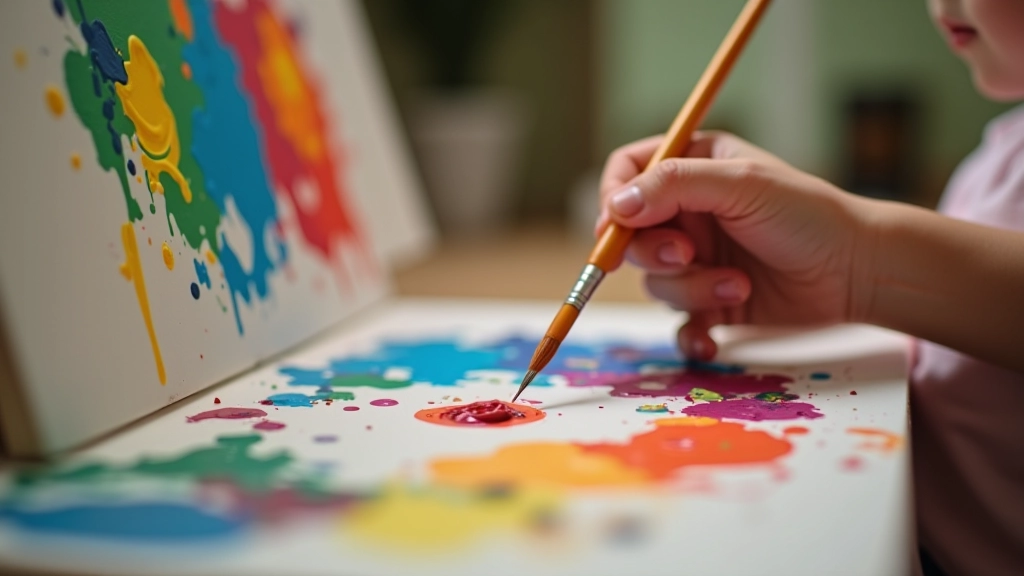 Close-up of colorful artwork on canvas with paint palette and brush nearby, demonstrating creative process in progress