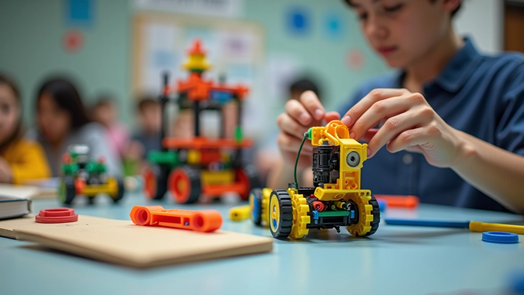 Close-up of child's hands assembling robotics components with metal pieces, gears, and colored plastic parts on work surface