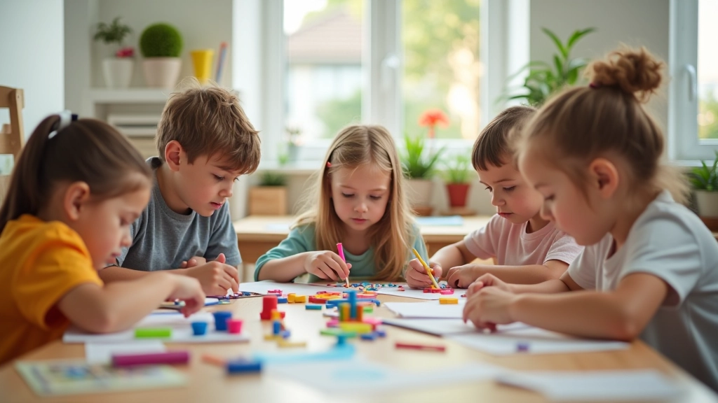 Children participating in creative learning activities including art and robotics