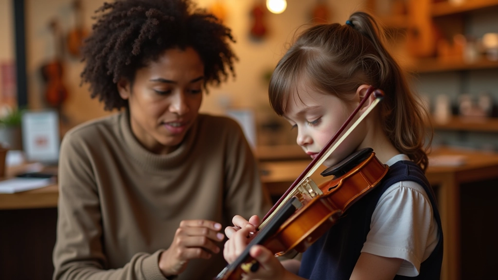 Parent and child examining violin together in music store with instructor guidance