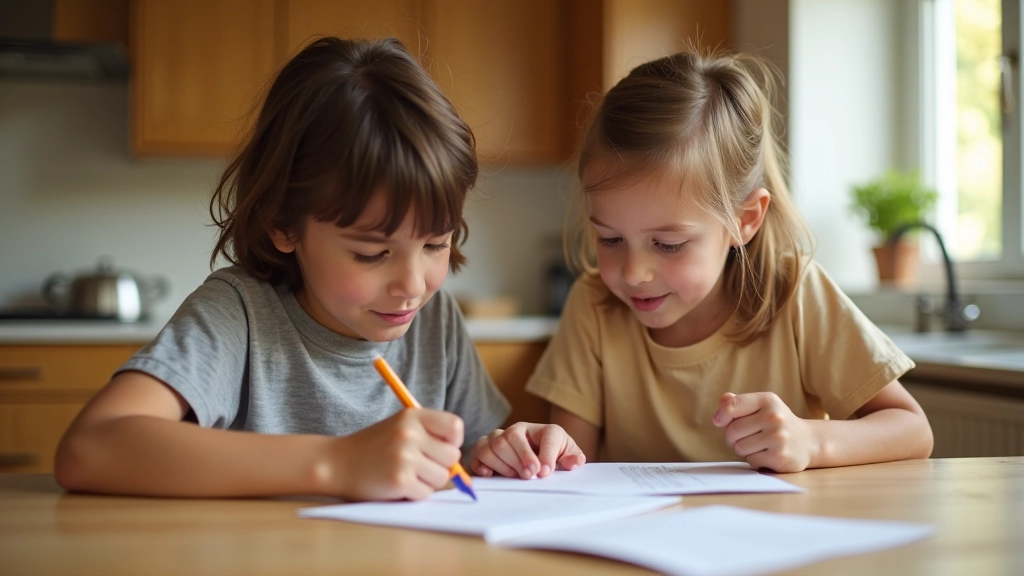 Parent and child reviewing summer camp materials and brochures together at a table