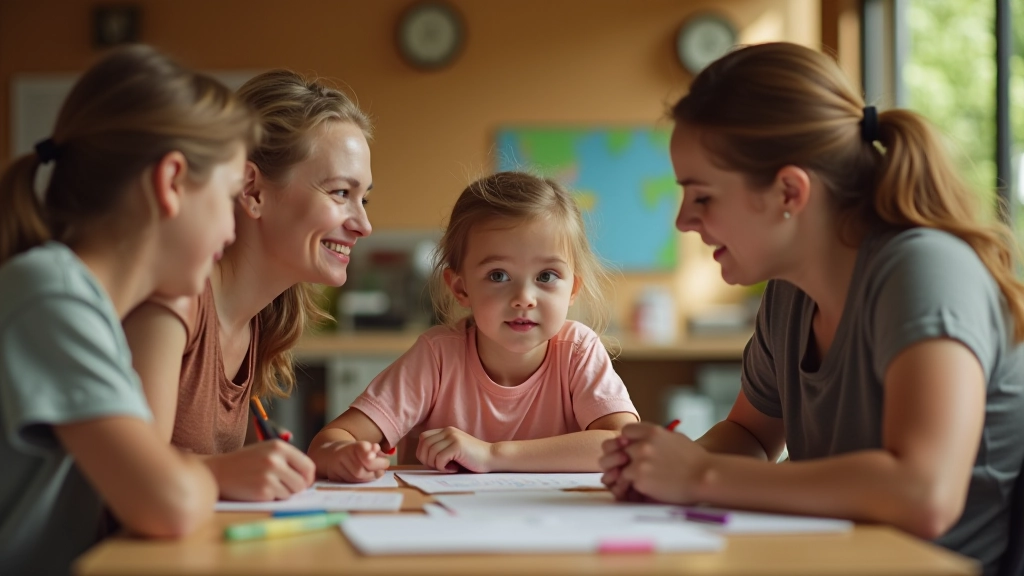Parent and child discussing camp options with camp director or coordinator during a visit to the facility