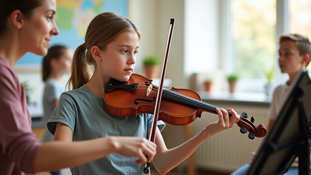 Young teenager holding violin while receiving instruction from music teacher in studio setting