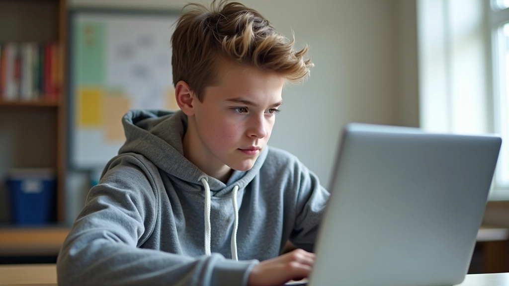 Teen student aged 14-15 looking at robotics build with focused expression, sitting at table with laptop and robot components