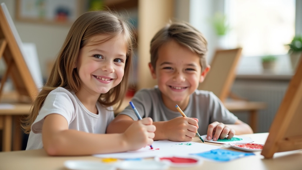 Two young students aged 9-11 sitting at art table with easels, smiling while painting together, art classroom environment visible