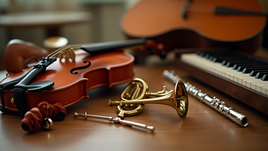 Collection of different musical instruments arranged on wooden surface including violin, trumpet, guitar, and flute