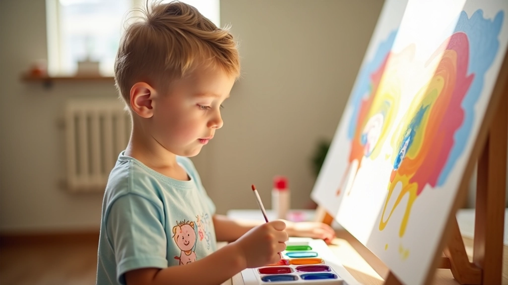 Young child aged 8-10 painting with bright colors in art classroom setting