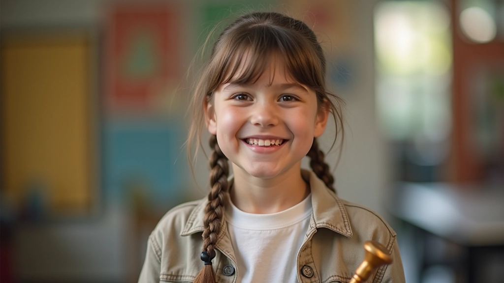 Young student smiling confidently while holding musical instrument after successful practice session