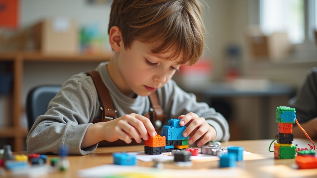 Young student aged 10-12 assembling robotics project in classroom