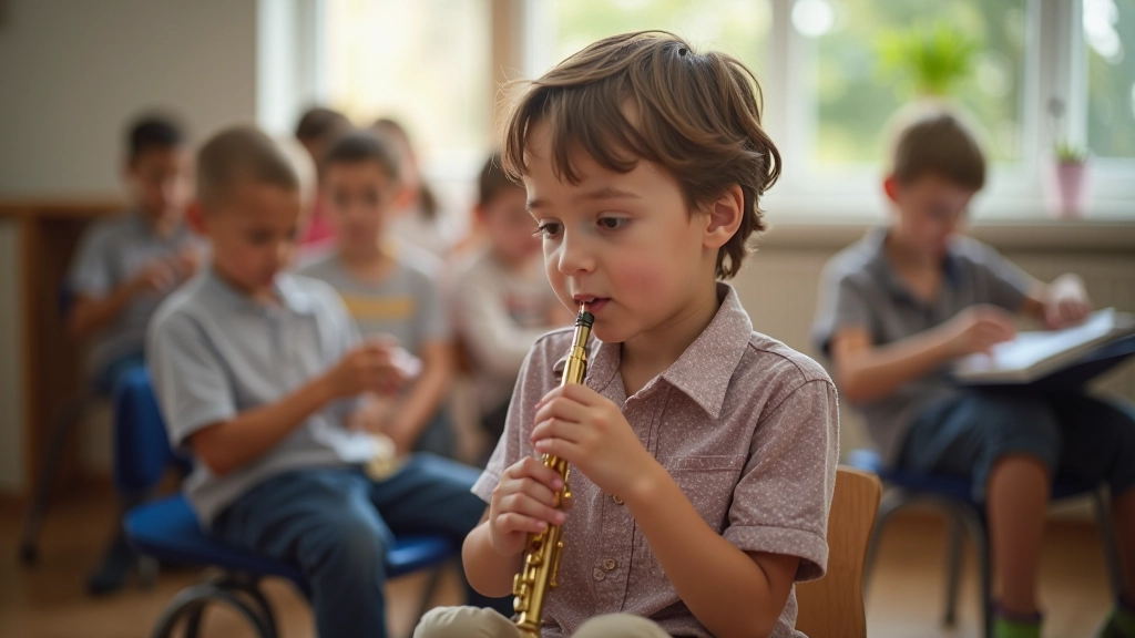 Young student trying different instruments in music classroom, testing guitar, trumpet, and clarinet